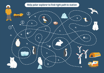Labyrinth, Maze game for children. Logical puzzle for kids. Quest to find the right path for a polar explorer to polar station. Vector illustration.
