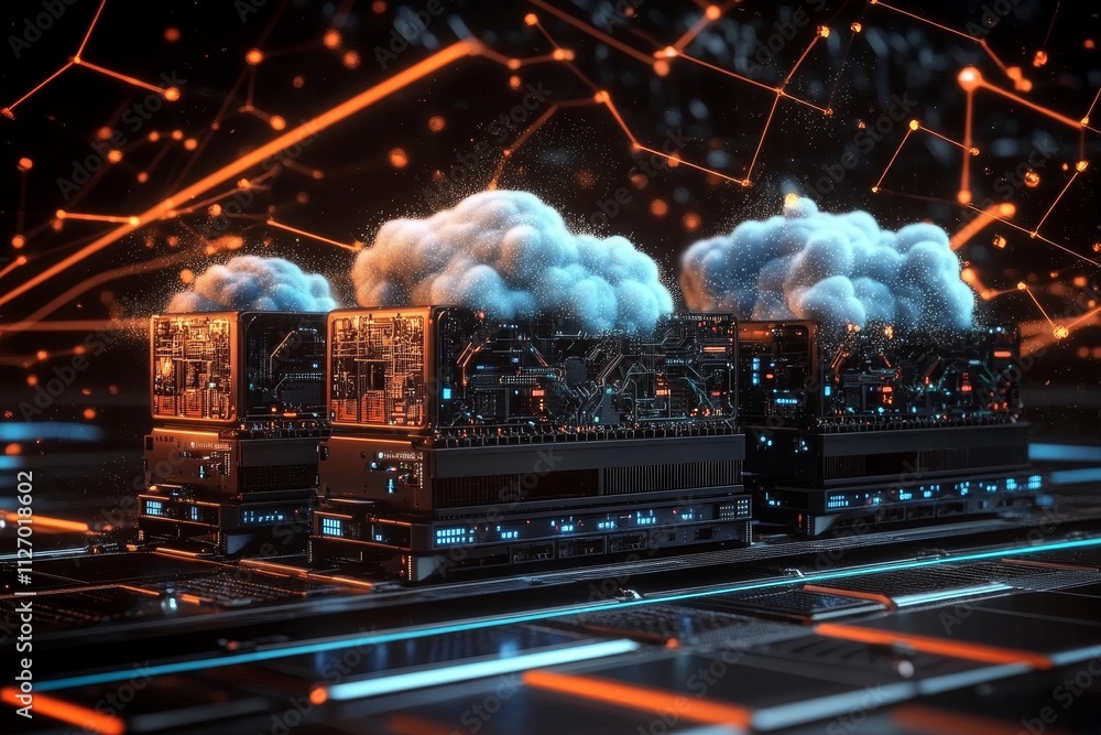 Poster cloud computing servers futuristic 3d render, network, data centers, digital transformation cloud co
