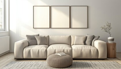 Modern Minimalist Living Room Interior Design Beige Sofa Neutral Decor Blank Canvas