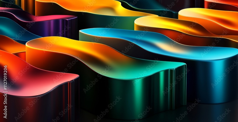 Poster abstract colorful wave composition 3d rendered metallic forms, gradient design, abstract background 