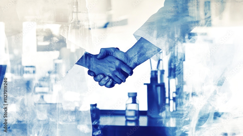 Aufkleber a handshake between two professionals in a lab setting, symbolizing collaboration in science.