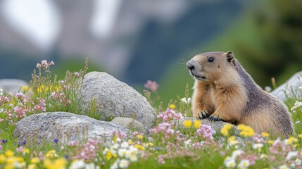 A groundhog sitting in a grassy meadow surrounded by colorful wildflowers and rocks, with a soft mountain backdrop on a sunny day