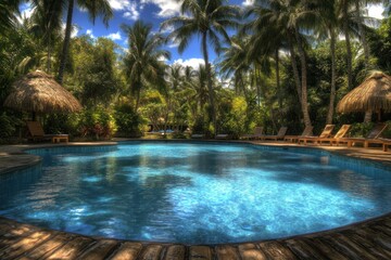 Obraz premium A serene pool surrounded by palm trees and tropical vegetation, inviting relaxation.