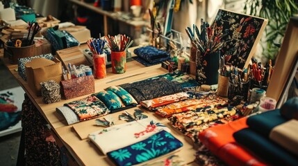A bustling crafting table filled with fabric, scissors, and embellishments, where a decor crafter creates unique home accents