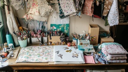 Fototapeta premium A bustling crafting table filled with fabric, scissors, and embellishments, where a decor crafter creates unique home accents