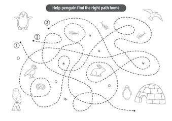 Labyrinth, Maze game for children. Logical puzzle for kids. Quest to find the right path for a penguin to his home. Vector illustration.