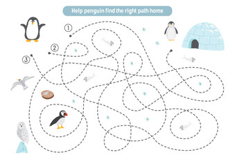Labyrinth, Maze game for children. Logical puzzle for kids. Quest to find the right path for a penguin to his home. Vector illustration.