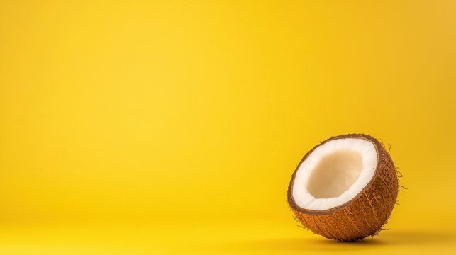 Fresh Coconut Half on Bright Yellow Background with Clean White Flesh, Tropical Vibes and Minimalist Aesthetic for Culinary and Beverage Concepts