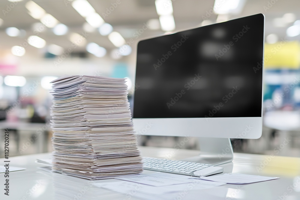 Poster photo of modern office with computer and papers neatly arranged clean workspace with ample copy spac