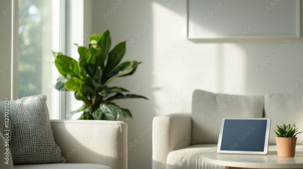 Poster tablet showing empty screen on table in modern living room