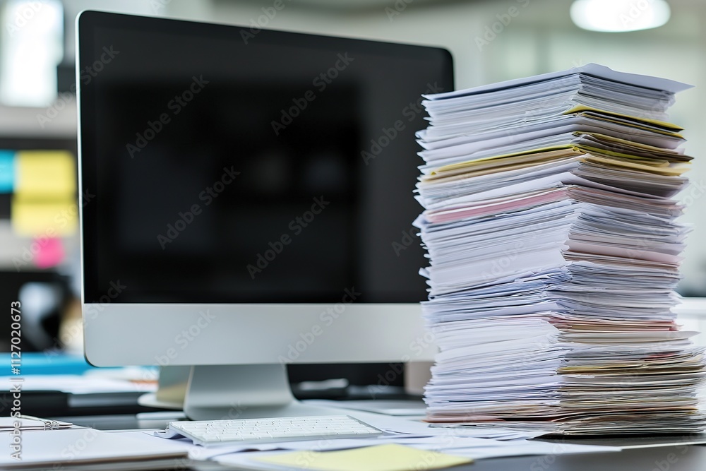 Poster photo of modern office with computer and papers neatly arranged clean workspace with ample copy spac