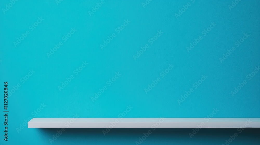 Poster white shelf on turquoise blue wall creating a minimalist backdrop