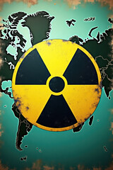 Nuclear Danger Depiction with Radiation Symbol and Classic World Map Background
