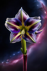 Beautiful cool cosmic Amaryllis flower with vibrant colors, Set against a dark, starry background, appearance with intricate patterns and gradients. Created with generative AI