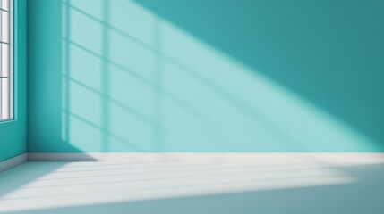 Empty room with sunlight streaming through window creating shadows on turquoise wall