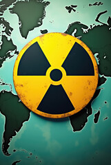 Fototapeta premium Global Nuclear Threat Visualization with Radiation Symbol and Vintage World Map
