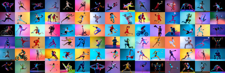 Vibrant collection showcasing diverse sports activities under colorful studio lighting. Athletes display dynamic movements in sport. Concept of different kind of sport, creativity, balance. Ad