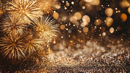 Fototapeta premium Festive Golden Fireworks Bursting Over a Sparkling Glittering Background at Night