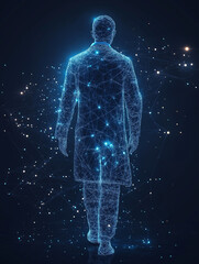 Abstract digital man walking. Concept of technology, future, and innovation.