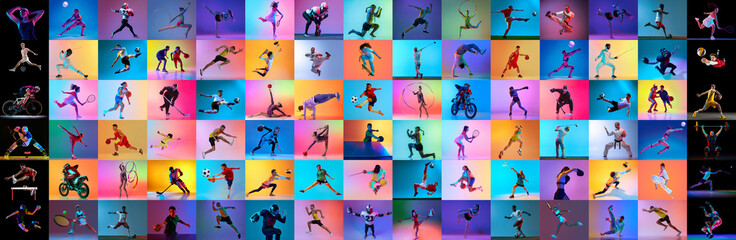 Colorful collage. Young athletes performing various sports, including fencing, martial arts,...
