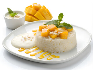 Fototapeta premium A portion of sticky rice neatly shaped, topped with fresh mango slices and a drizzle of coconut cream. Displayed flat on a white background