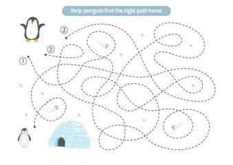 Labyrinth, Maze game for children. Logical puzzle for kids. Quest to find the right path for a penguin to his home. Vector illustration.