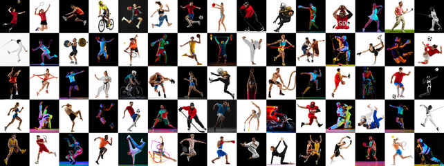 Dynamic mix of athletic moments, capturing both individual and team sports against black and white contrasting background. Concept of different kind of sport, creativity, balance. Ad