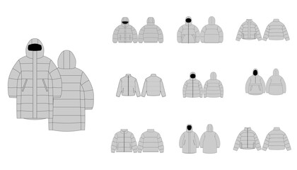 Set of Puffer Winter Jacket - Padded Quilted Waistcoat Design with Pocket - Oversized Hooded Puffer Coat Fashion Technical Illustration - Front and Back Views, Men Women Unisex CAD Mockups © sigraphics.co
