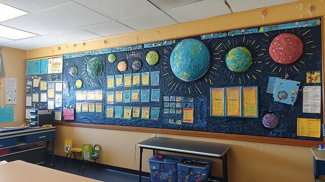 Colorful classroom bulletin board with space theme, planets, stars, and educational charts.