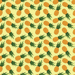 Pineapple seamless pattern on yellow background. Wrapping paper, gift card, poster, banner design. Home decor, modern textile print. Summer bright geometric fruits patterned.