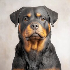 Fototapeta premium A lifelike rottweiler sculpture, painted with intricate details to resemble a real dog, placed on a clean white background for a striking contrast.