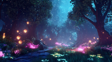 Obraz premium Enchanted forest nightscape, a starlit sky casting a gentle glow on a mysterious woodland with glowing flora 