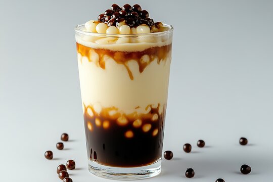 A glass of taho with layers of silken tofu, arnibal syrup, and sago pearls.