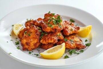  A golden-brown schnitzel served on a white plate, garnished with lemon wedges and parsley.