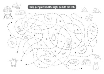Labyrinth, Maze game for children. Logical puzzle for kids. Quest to find the right path for a penguin to catch a fish. Vector illustration