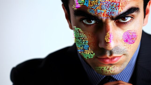 man with a thoughtful expression, his face overlaid with images of written words and thought bubbles, representing communication skills through both verbal and written methods. [men's]:[communication 