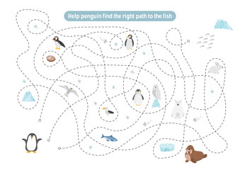 Fototapeta premium Labyrinth, Maze game for children. Logical puzzle for kids. Quest to find the right path for a penguin to catch a fish. Vector illustration