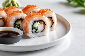Fresh salmon sushi roll served on plate with soy sauce