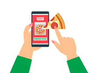 woman hands using smartphone to order a pepperoni pizza online delivery app vector illustration