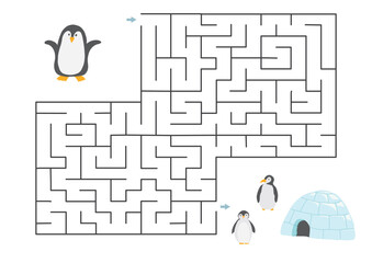 Labyrinth, Maze game for children. Logical puzzle for kids. Quest to find the right path for a penguin to his home. Vector illustration A4 - ready to print format