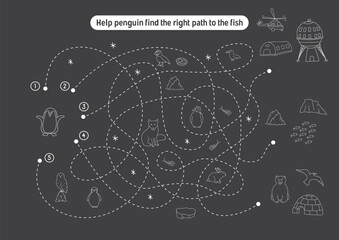 Labyrinth, Maze game for children. Logical puzzle for kids. Quest to find the right path for a penguin to his home. Vector illustration A4 - ready to print format