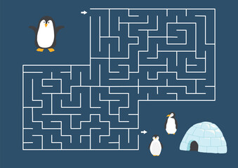 Labyrinth, Maze game for children. Logical puzzle for kids. Quest to find the right path for a penguin to his home. Vector illustration A4 - ready to print format