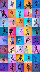 Colorful mosaic of athletes in motion, highlighting sports like fencing, weightlifting, and...