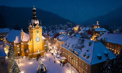 flying above Brasov historical centre in the snow, fairy-tale Christmas cityscape in heavy snowfall, unesco tourist site in Romania