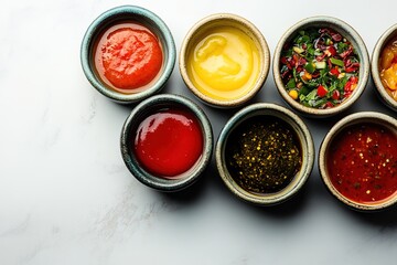 Assorted sauces in bowls on white surface