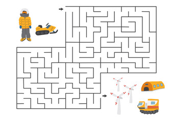 Labyrinth, Maze game for children. Logical puzzle for kids. Quest to find the right path for a polar explorer to polar station. Vector illustration.