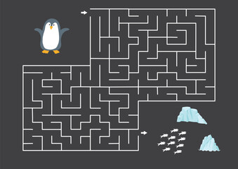 Labyrinth, Maze game for children. Logical puzzle for kids. Quest to find the right path for a penguin to catch a fish. Vector illustration