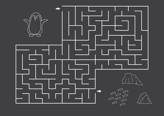 Labyrinth, Maze game for children. Logical puzzle for kids. Quest to find the right path for a penguin to catch a fish. Vector illustration