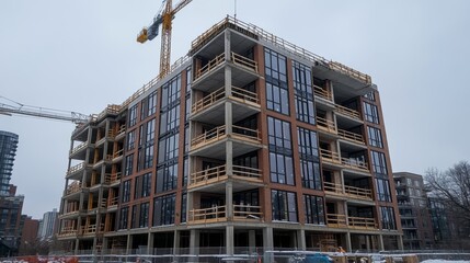 Modern construction site with cranes in a snowy area