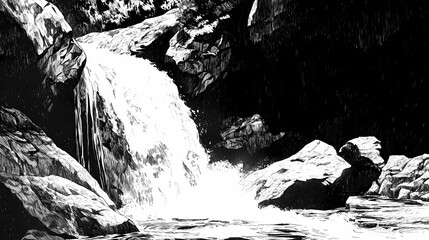 The sound of rushing water fills the air as the falls cascade down a steep rock face, waterfall, rock formation, noise, geology, rushing water. Cascade. Illustration